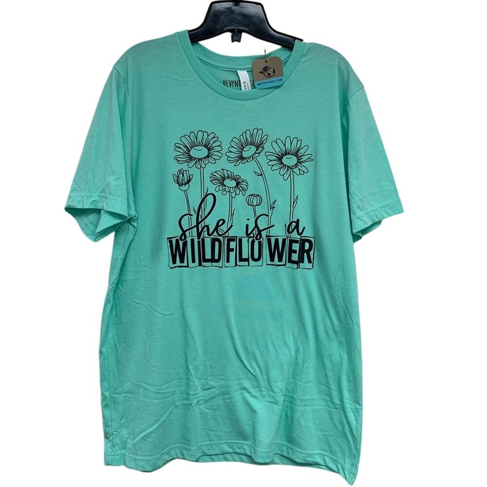 New Hand Printed Womens Large She Is A Wildflower Floral Short Sleeve Tee Shirt